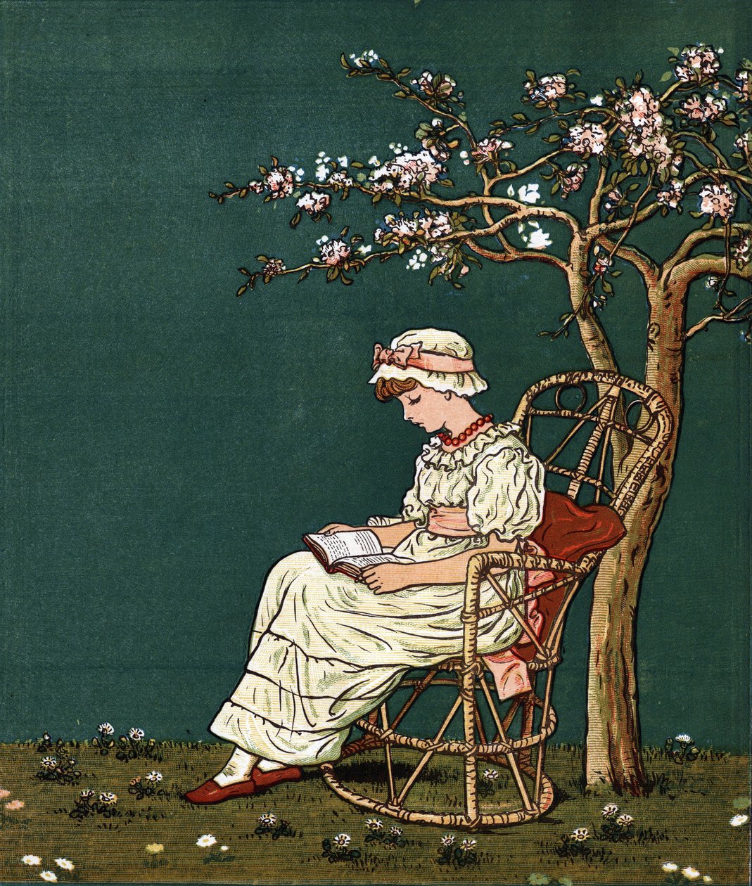 A little girl reading under a lilac. Illustration by Kate Greenaway