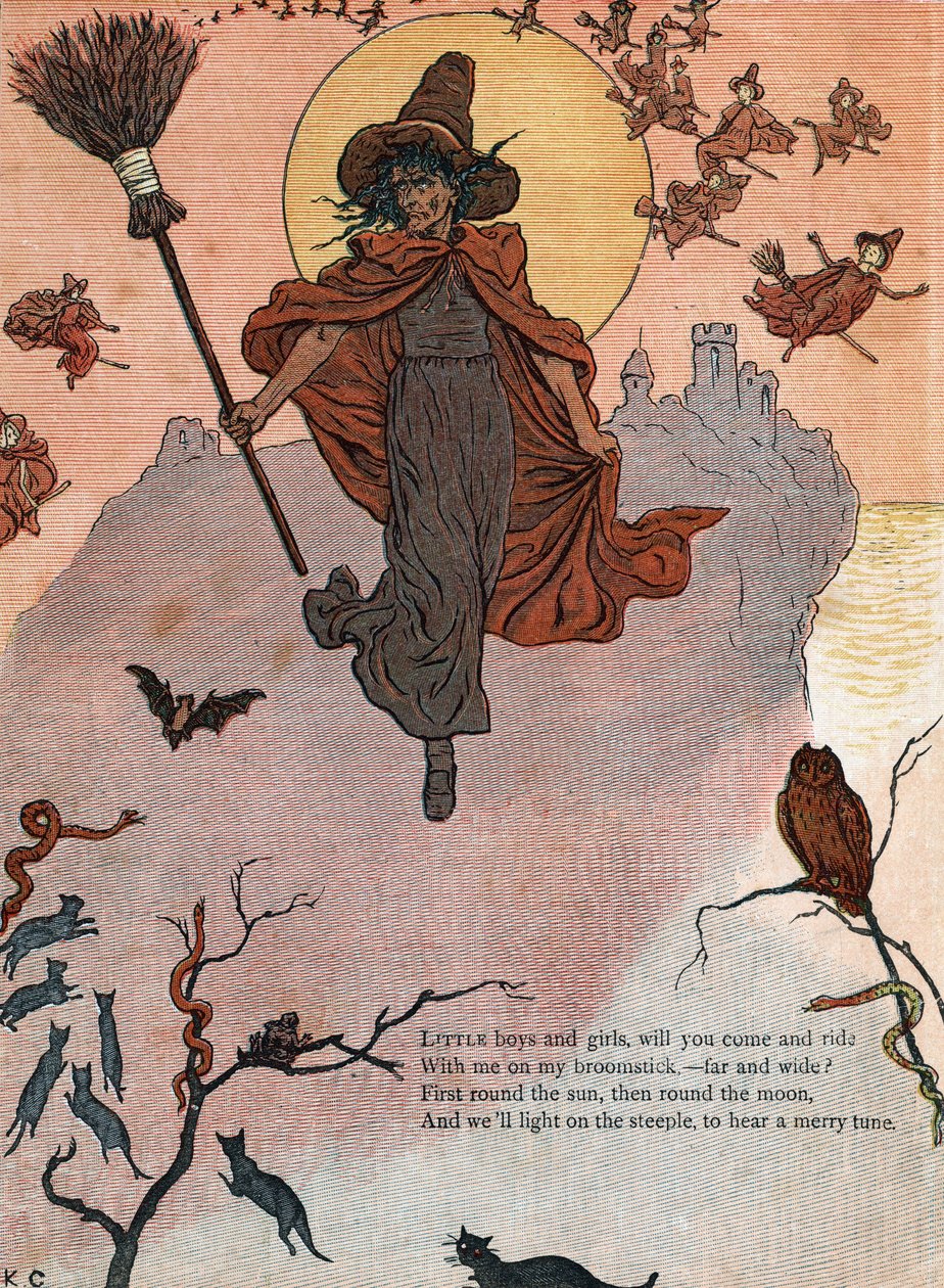 A witch and her broom surrounded by black cats, bat and owl. (Little boys and girls, will you come and ride with me on my broomstick?) Illustration from the book of tales and nursery rhymes for children “Under The Window” by Kate Greenaway