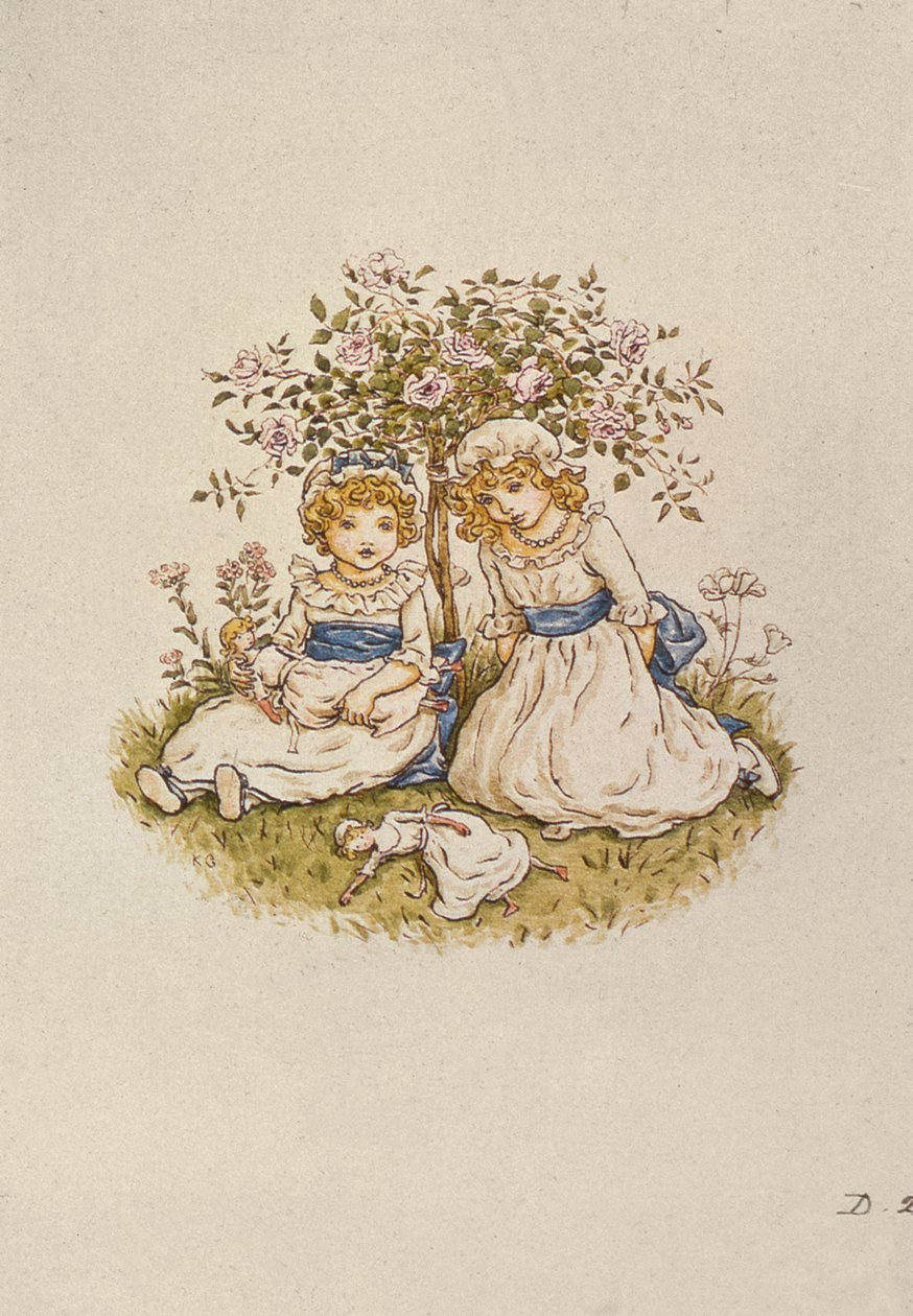 Two Girls with Dolls Sitting Under a Rose Bush by Kate Greenaway