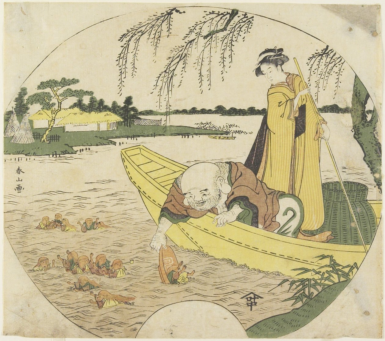Hotei God on a Boat Catching Shojo Goblins with a Sake Cup by Katsukawa Shunzan