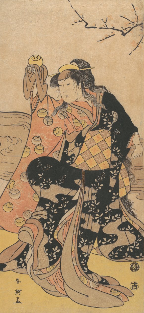The Fourth Iwai Hanshiro as a Woman Holding a Crystal Ball and Dancing on the Bank by Katsukawa Shun