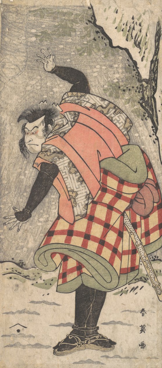 Unidentified Actor as a Kyokaku Standing at the Foot of a Cliff in a Snow Storm by Katsukawa Shun