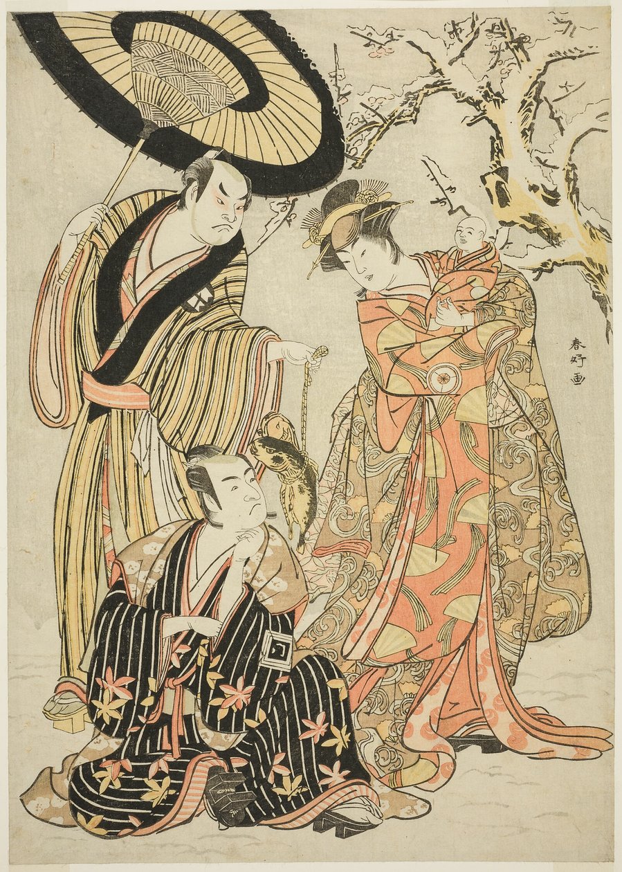 Actors Iwai Hanshirō IV, Ichikawa Monnosuke II, and Sakata Hangorō III, in “Snowflakes: Raising the Standard at Izu” by Katsukawa Shunkо̄