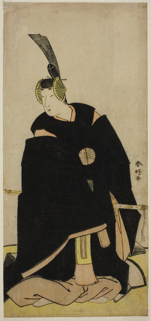 The Actor Nakamura Tomijuro I as Taira no Masakado Disguised as Otomo no Kuronushi (?) or Sugawara Micihizane (?) in the Play Shida Yuzuriha Horai Soga (?) or Sugawara Denju Tenarai Kagami (?), Performed at the Morita Theater (?) in the First or Fifth Mont by Katsukawa Shunkо̄