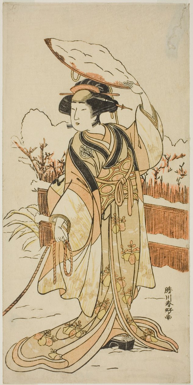 The Actor Yoshizawa Ayame IV as Yadorigi, the Sister of Nikaido Shinanosuke, Disguised as Orie, the Wife of Aoto Magosaburo, in Part Two of the Play Motomishi Yuki Sakae Hachi no Ki by Katsukawa Shunkо̄