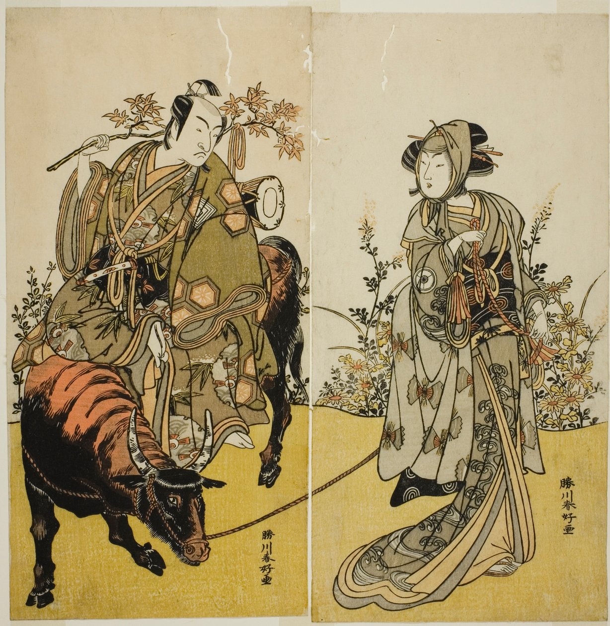 The Actors Iwai Hanshiro IV as Okume and Ichikawa Monnosuke II as Koshiba Yukienojo Disguised as the Eboshi Seller Rokusaburo, in the Play Katakiuchi Adana Kashiku, Performed at the Nakamura Theater in the Seventh Month, 1779 by Katsukawa Shunkо̄