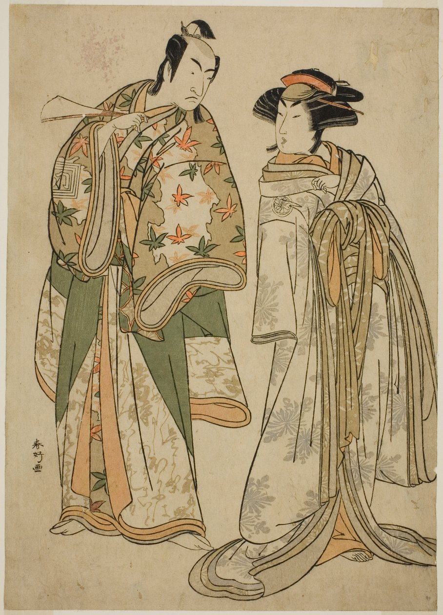 The Actors Segawa Kikunojo III as the Courtesan Sumizome (right), and Ichikawa Monnosuke II as Goinosuke Yoshimine (left), in the Play Juni-hitoe Komachi-zakura, Performed at the Kiri Theater in the Eleventh Month, 1784 by Katsukawa Shunkо̄