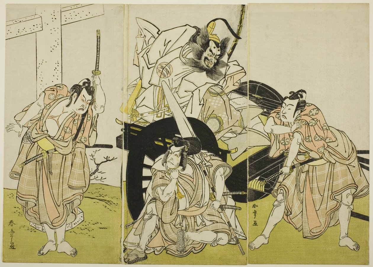 Actors Nakajima Mihoemon II as Fujiwara no Shihei, Ichikawa Ebizō III as Matsuo-maru, Ichikawa Yaozō II as Sakura-maru, and Ichimura Uzaemon IX as Umeo-maru in “Sugawara’s Secrets of Calligraphy” by Katsukawa Shunsho