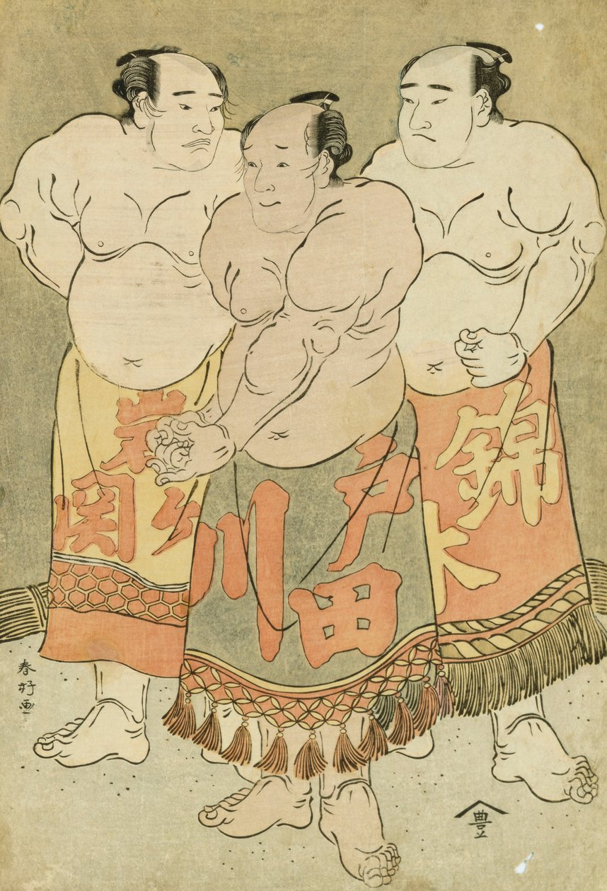 Full length Portraits of the Wrestlers Nishikigi, Todagawa and Iwagaseki presenting themselves in the Ring by Katsukawa Shunsho