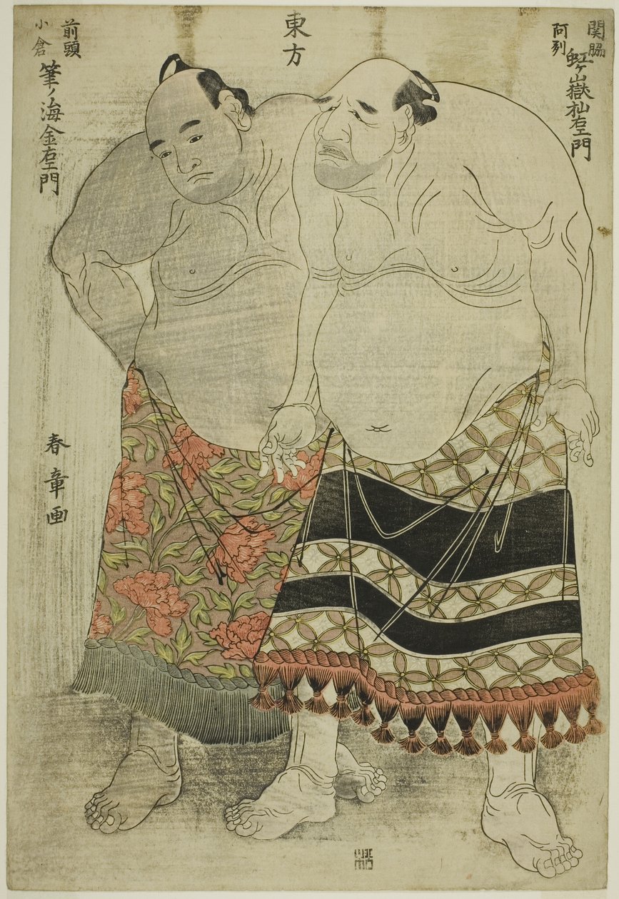 Sumo Wrestlers of the Eastern Group: Nijigadake Somaemon of Sekiwake Rank from Awa Province, and Fudenoumi Kin