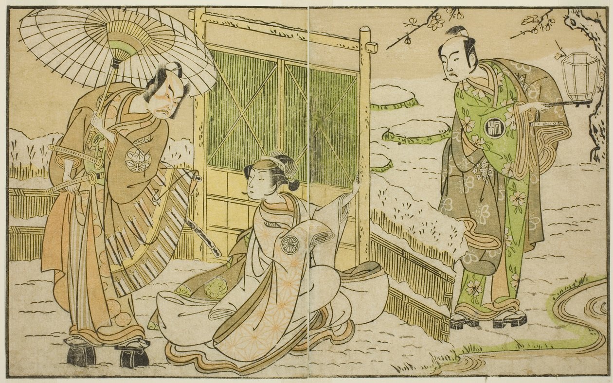 The Actors Arashi Sangoro II as Minamoto no Yoritomo (right), Segawa Kikunojo II as Yuki Onna (center), and Ichimura Uzaemon IX as Kajiwara Genta no Kagetoki, in the Play Myoto-giku Izu no Kisewata, Performed at the Ichimura Theater in the Eleventh Month by Katsukawa Shunsho