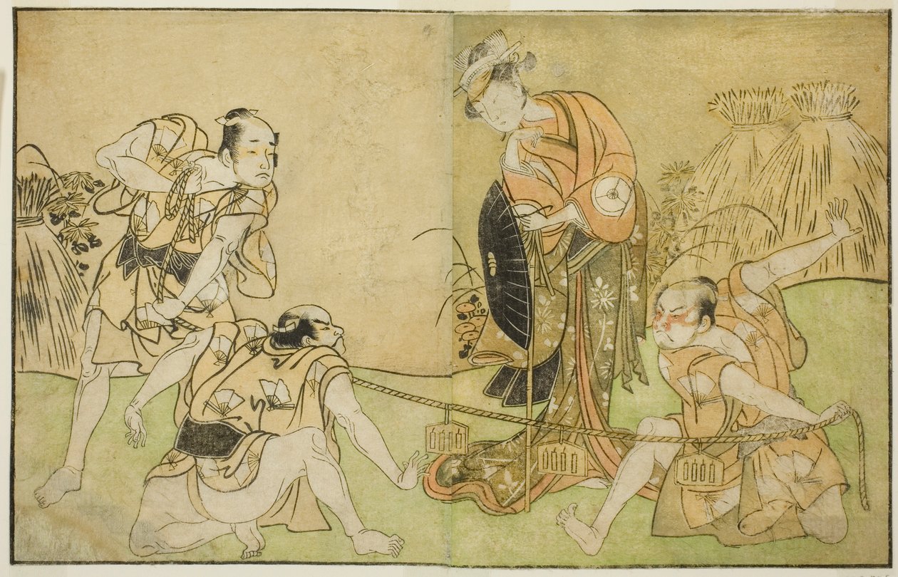 The Actors Bando Zenji I as Nagahashi Saburo, Iwai Hanshiro IV as Otatsu-gitsune, Nakamura Konozo as Hagai Ujitsune, and an Unidentified Actor (right to left), in the Play Nue no Mori Ichiyo no Mato, Performed at the Nakamura Theater in the Eleventh Month by Katsukawa Shunsho
