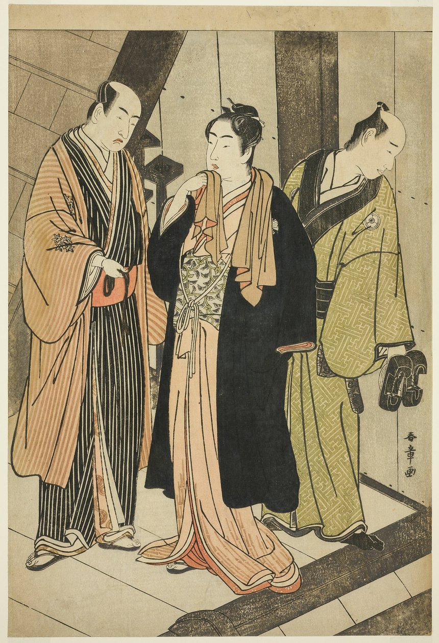 The Actors Ichikawa Monnosuke II (left), Iwai Hanshiro IV (center), and Iwai Karumo (?) (right), on a Landing Backstage by Katsukawa Shunsho