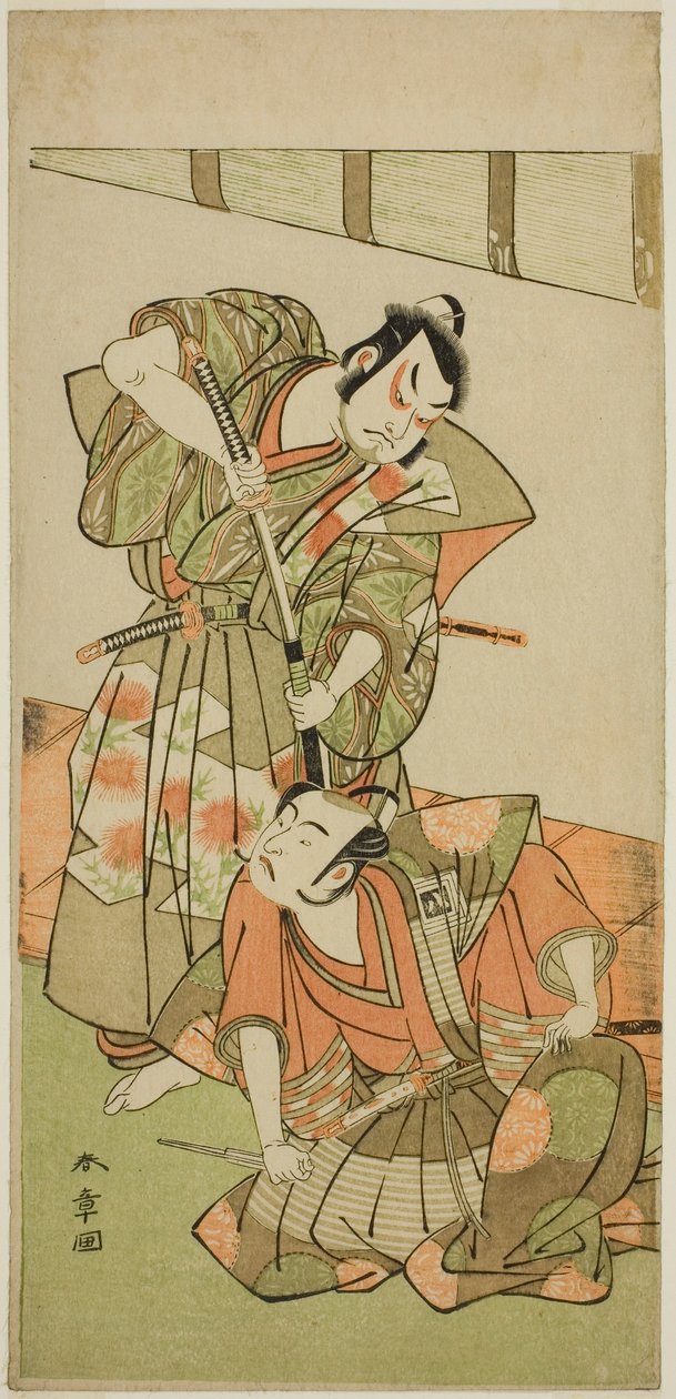 The Actors Ichikawa Yaozo II as Konoshita Hyokichi and Sakata Hangoro II as Matsunaga Daizen Hisahide, in the Play Gion Sairei Shinko Ki, Performed at the Ichimura Theater in the Fifth Month, 1775 by Katsukawa Shunsho
