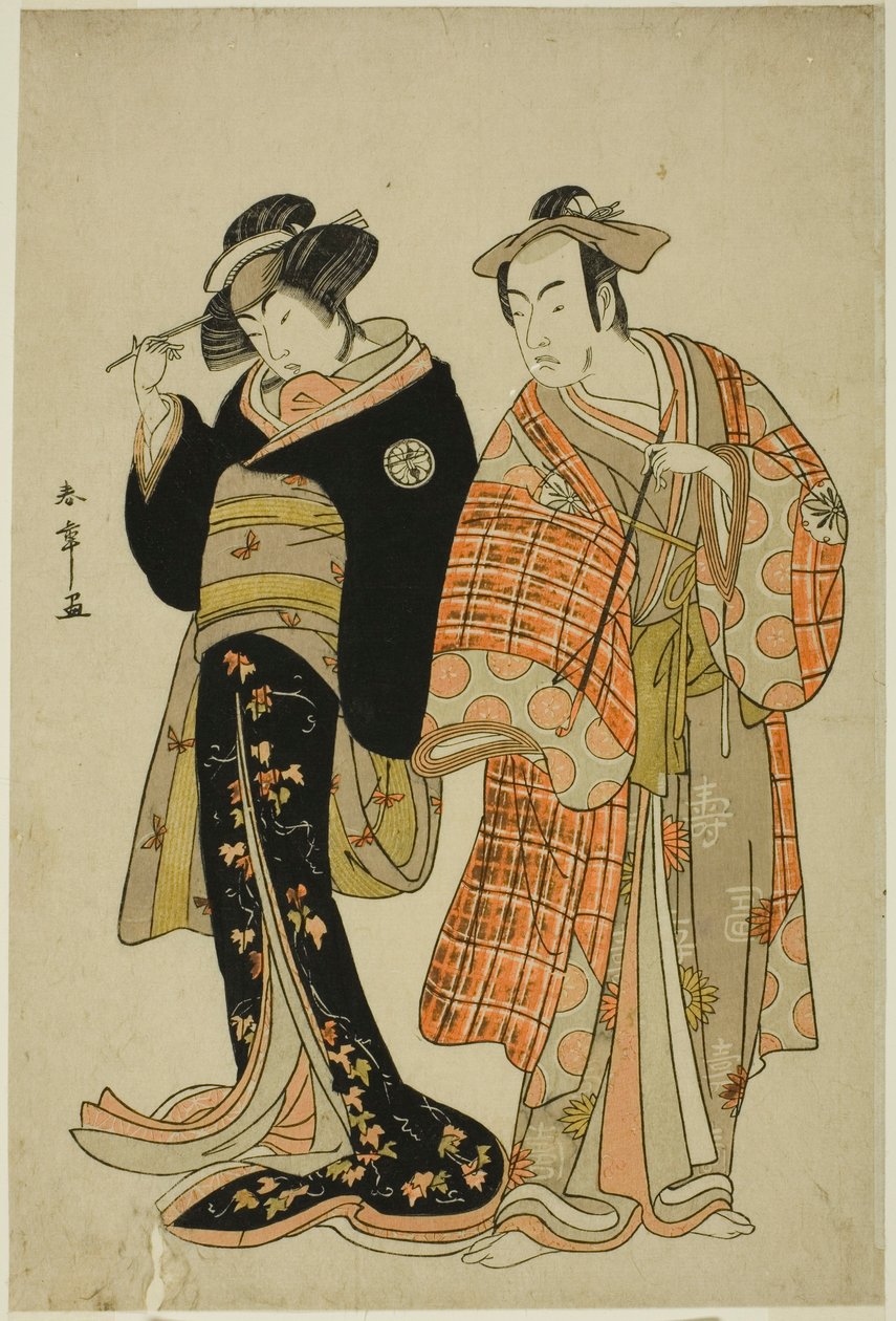 The Actors Matsumoto Koshiro IV and Segawa Kikunojo III as the Lovers Choemon and Ohan, in the Elopement Scene "Michiyuki Segawa no Adanami" by Katsukawa Shunsho