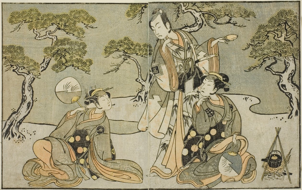 The Actors Nakamura Nakazo I as Matsukaze, Ichikawa Komazo II as Ariwara no Yukihira, and Iwai Hanshiro IV as Murasame, in the Play Kuni no Hana Ono no Itsumoji, Performed at the Nakamura Theater in the Eleventh Month, 1771 by Katsukawa Shunsho