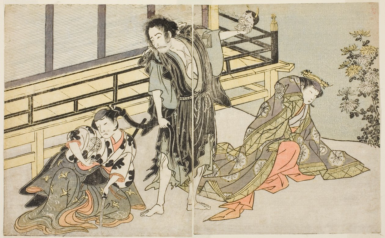 The Actors Nakamura Noshio I as Nyosan no Miya, Ichikawa Danjuro V as the Renegade Monk Yochin, and Yamashita Kinsaku II as the Maid Mutsuhana, in the Play Fuki Kaete Tsuki mo Yoshiwara, Performed at the Morita Theater by Katsukawa Shunsho