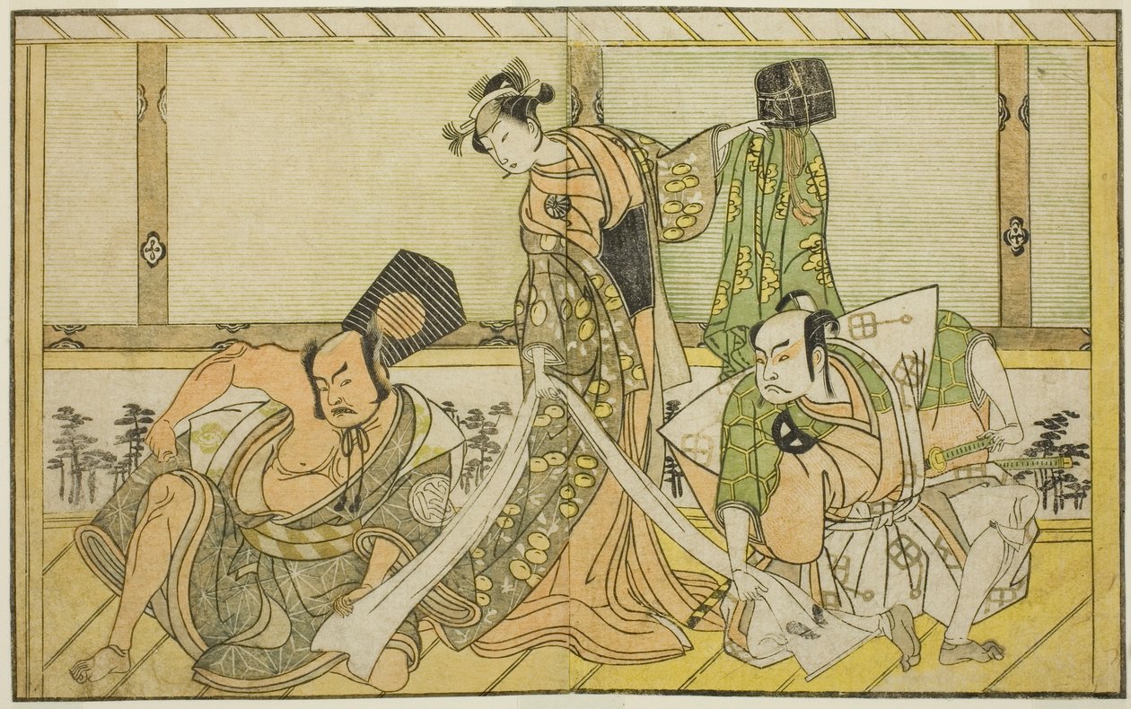 The Actors Otani Hiroji III as Kawazu no Saburo (right), Segawa Kikunojo II as Princess Tatsu (center), and Nakamura Sukegoro II as Matano no Goro (left), in the Play Myoto-giku Izu no Kisewata, Performed at the Ichimura Theater in the Eleventh Month by Katsukawa Shunsho