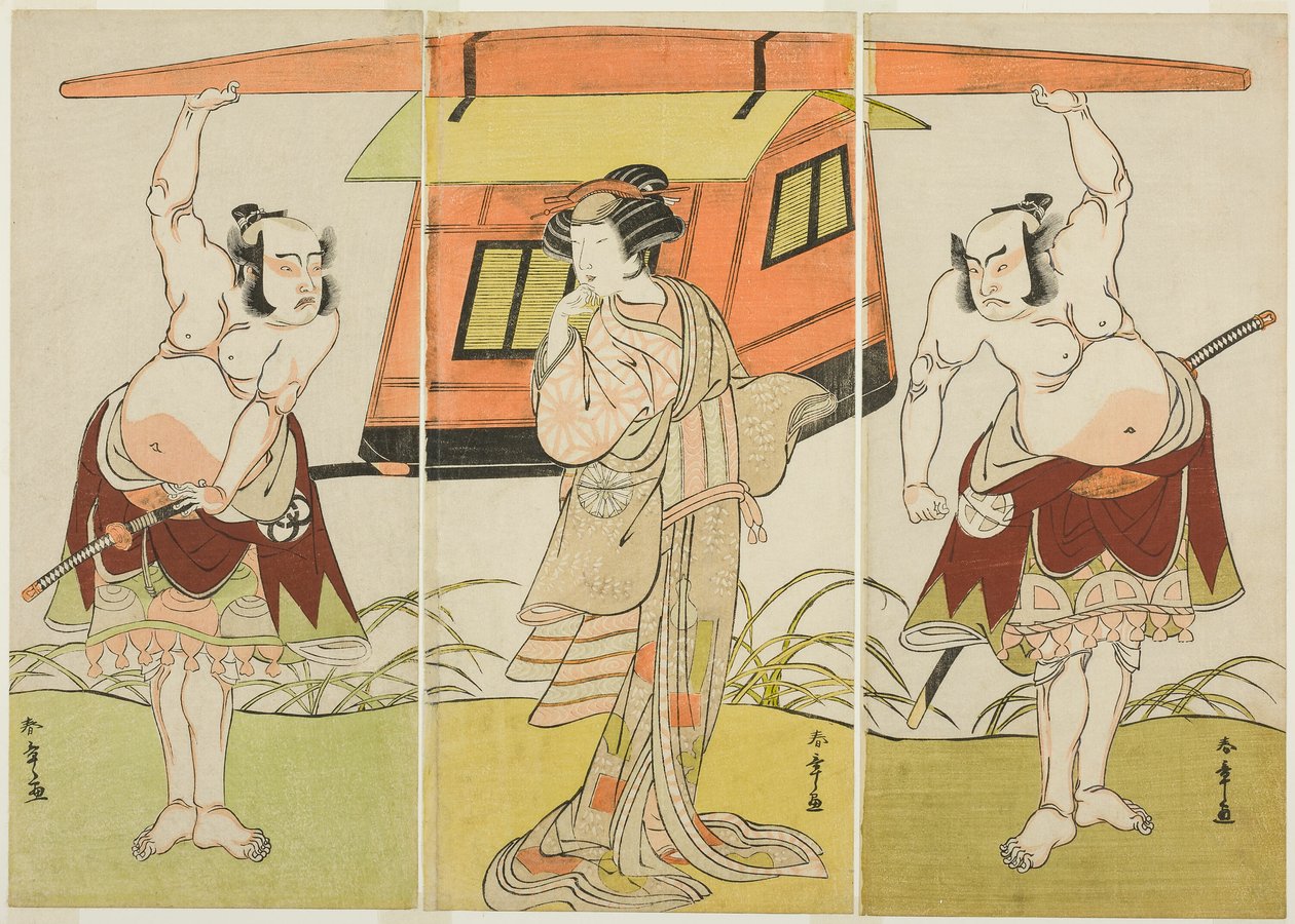 The Actors Otani Hiroji III as Yokambei, Nakamura Tomijuro I as Kuzunoha, and Bando Mitsugoro I as Yakambei, in the Last Scene from the Play Shinodazuma, Performed as a Supplement to the Play Kikyo-zom by Katsukawa Shunsho