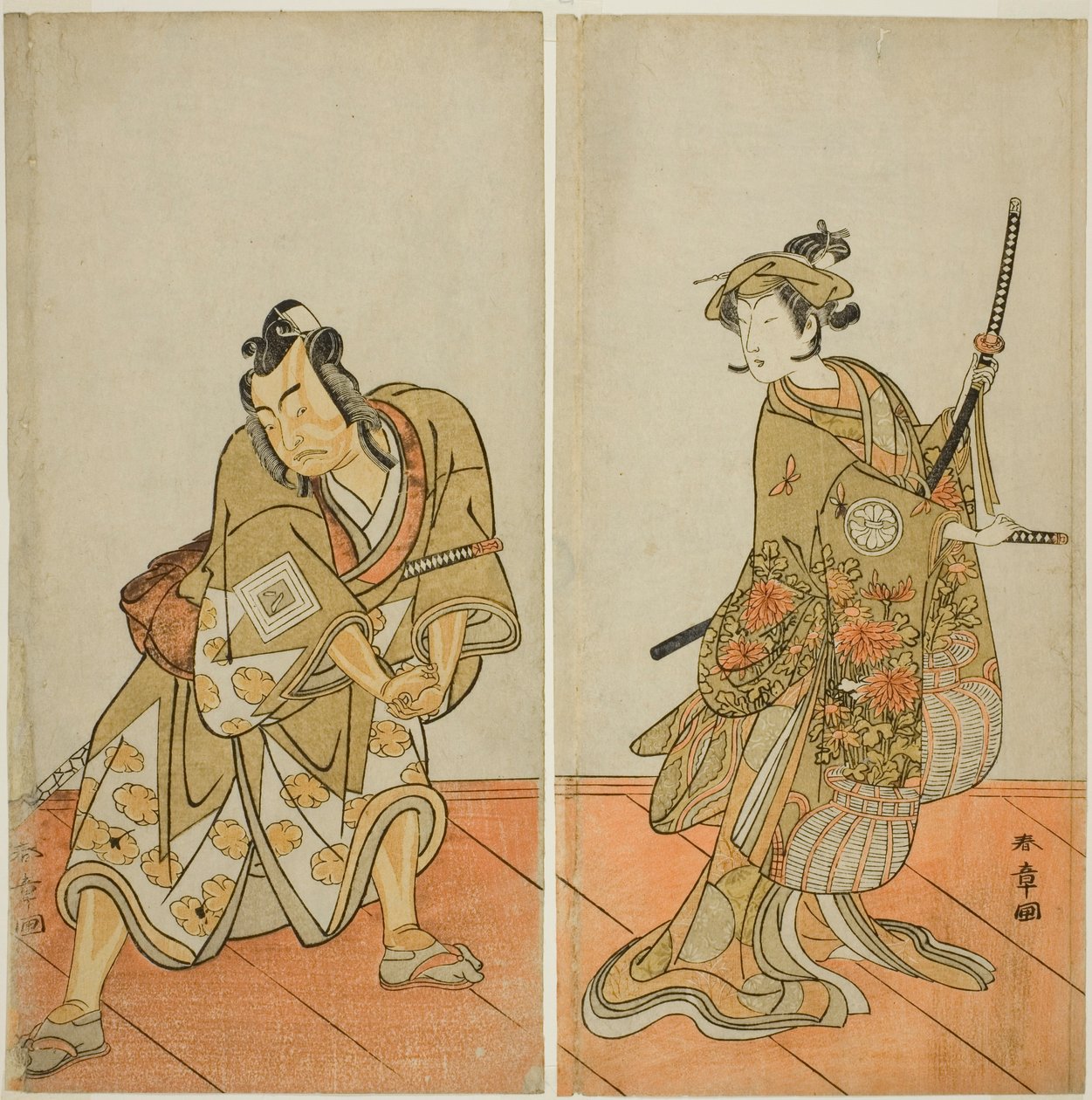 The Actors Segawa Kikunojo III as Aigo no Waka and Ichikawa Yaozo II as Hachio-maru Aratora, in the Play Chigo Sakura Jusan Kane, Performed at the Ichimura Theater in the Eleventh Month, 1774 by Katsukawa Shunsho