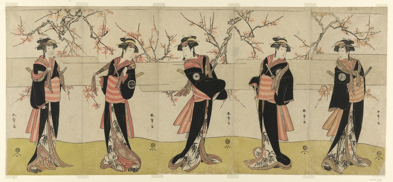 The Actors Segawa Kikunojo III as Karigane Obun, Nakayama Tomisaburo I as An no Oyasu, Iwai Kiyotaro II as Kaminari no Osha, Nakayama Tatezo I as Gokuin no Osen, and Ichikawa Monnosuke II as Hotei no Oichi, in 