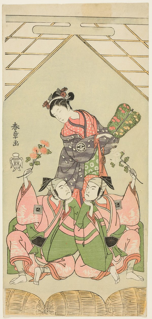 The Actors Segawa Kikunojo II as the Wet Nurse Reizei, Ichikawa Komazo I as Suruga no Hachiro in the Guise of the Shamisen Player Kichiroku, and Ichikawa Yaozo II as Tada no Kurando in the Guise of the Palanquin Bearer Kichinai, in the Scene by Katsukawa Shunsho