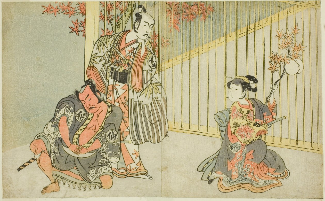 The Actors Yamashita Kinsaku II as Mutsuhana, Bando Mitsugoro I as Kashiwagi no Emon, and Nakamura Sukegoro II as Akamatsu Mushanosuke, in the Play Fuki Kaete Tsuki mo Yoshiwara by Katsukawa Shunsho