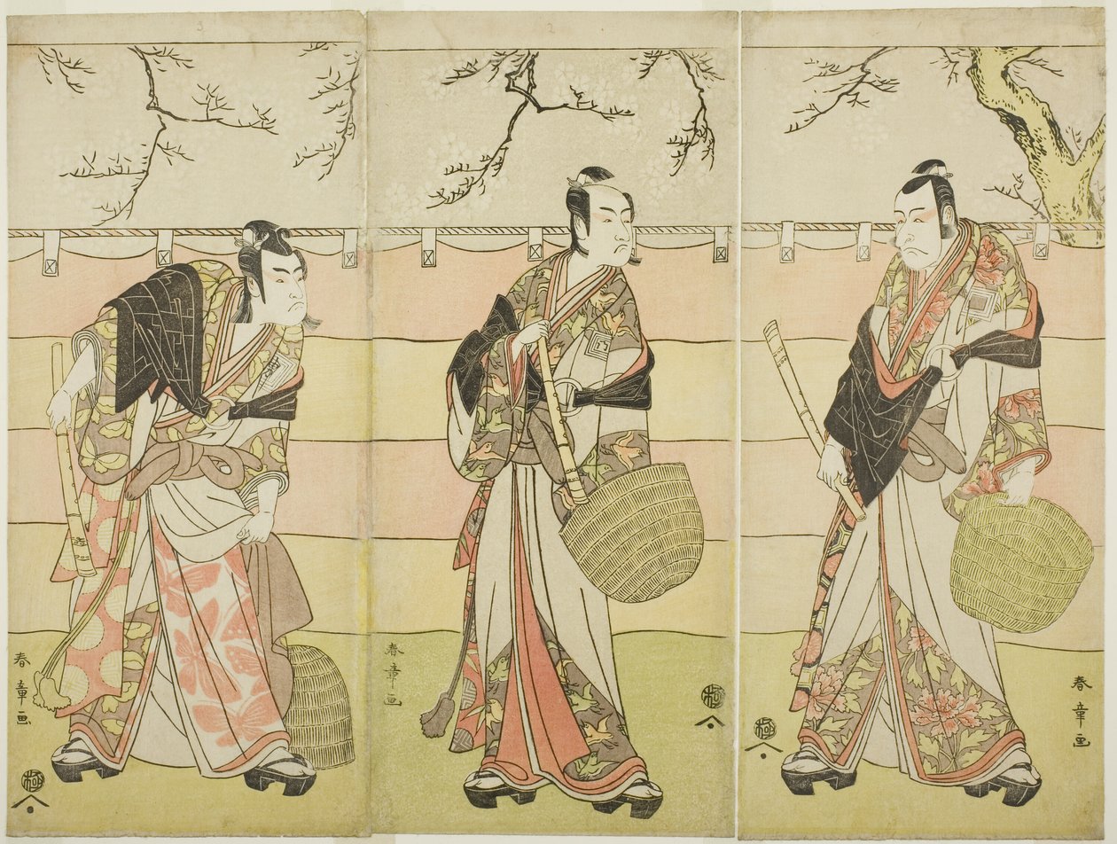 Three Komuso Monks: The Actors Ichikawa Ebizo (Danjuro V) as Kudo Suketsune (right), Ichikawa Monnosuke II as Soga no Juro Sukenari (center), and Ichikawa Omezo I as Soga no Goro Tokimune (left), in Act Six of the Play Waka Murasaki Edokko Soga by Katsukawa Shunsho