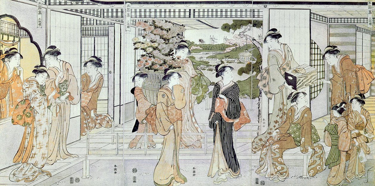 Young Women with a Basket of Chrysanthemums by Katsukawa Shunsho