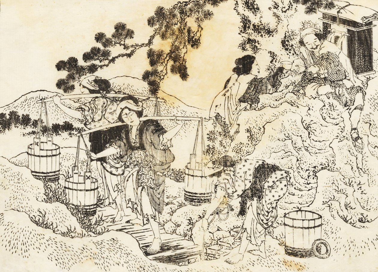 Four women working very hard and carrying vats of water by Katsushika Hokusai