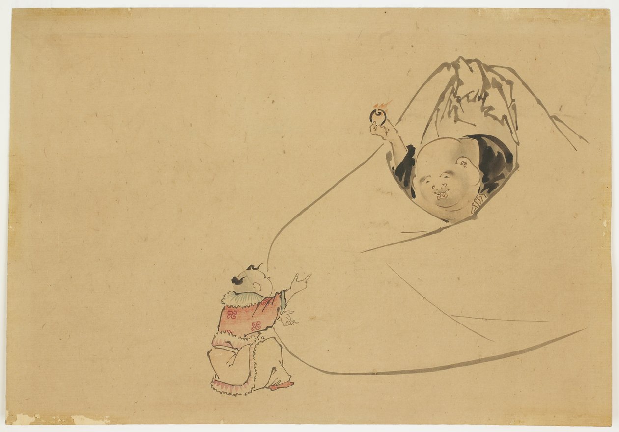 Hotei Offering Flaming Jewel to a Small Boy by Katsushika (school of) Hokusai