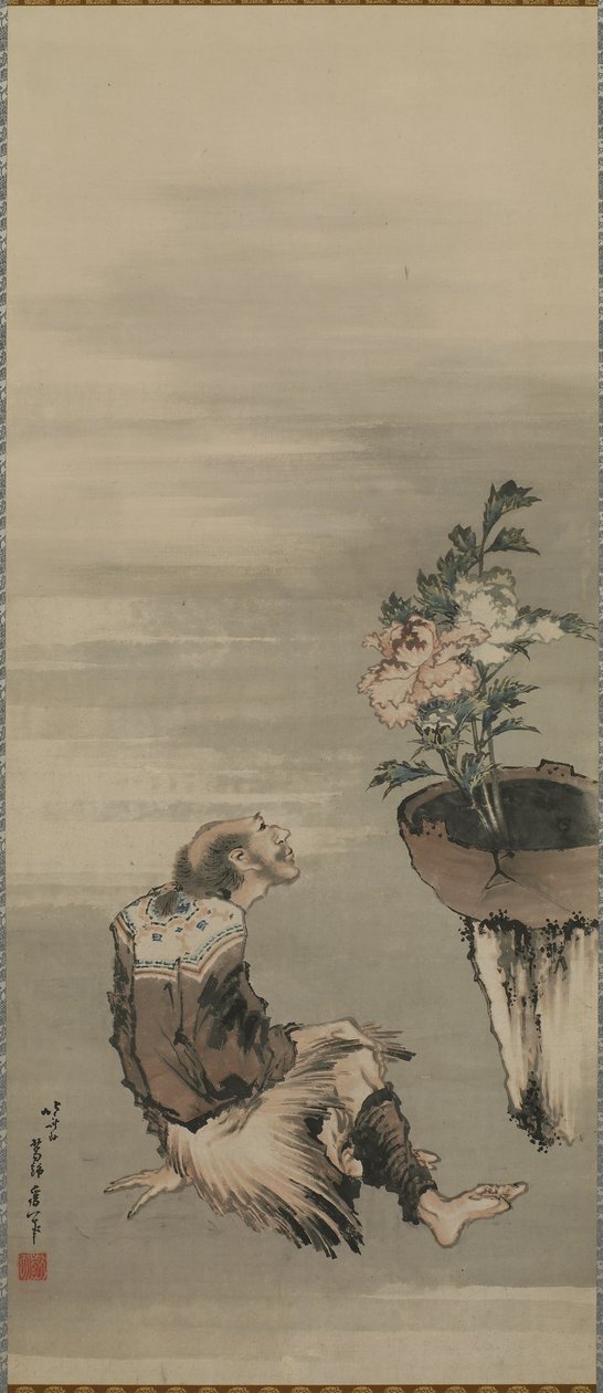 A Seated Man Looking at Potted Peonies, Edo period by Katsushika Hokusai