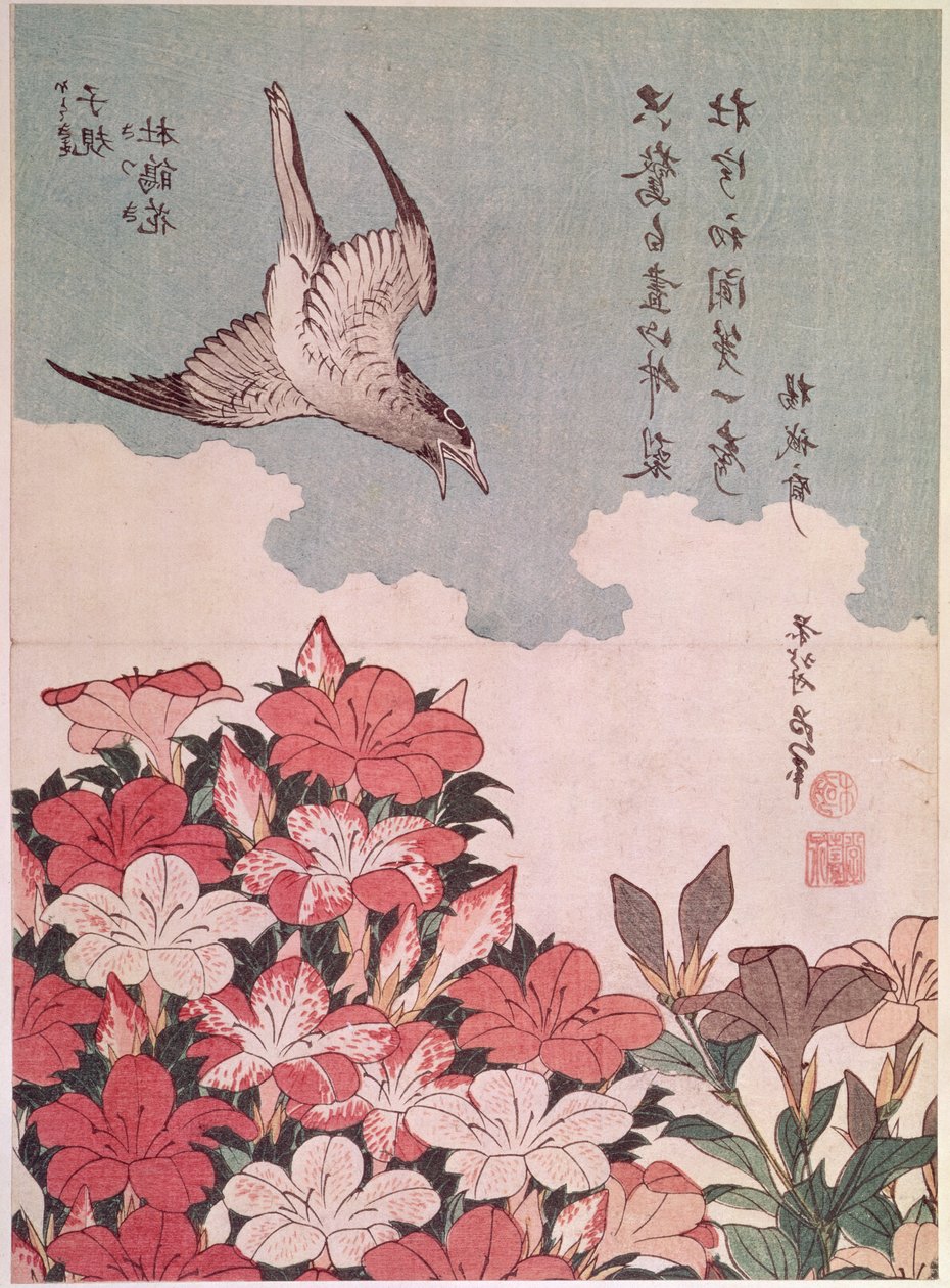 Azaleas and cuckoo, published by Eijudo, c.1830 by Katsushika Hokusai