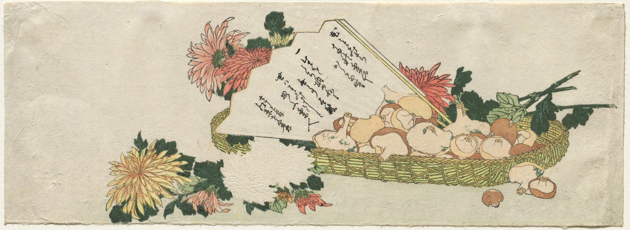 Basket with Fan, Chrysanthemums, and Mushrooms, early 1800s by Katsushika Hokusai