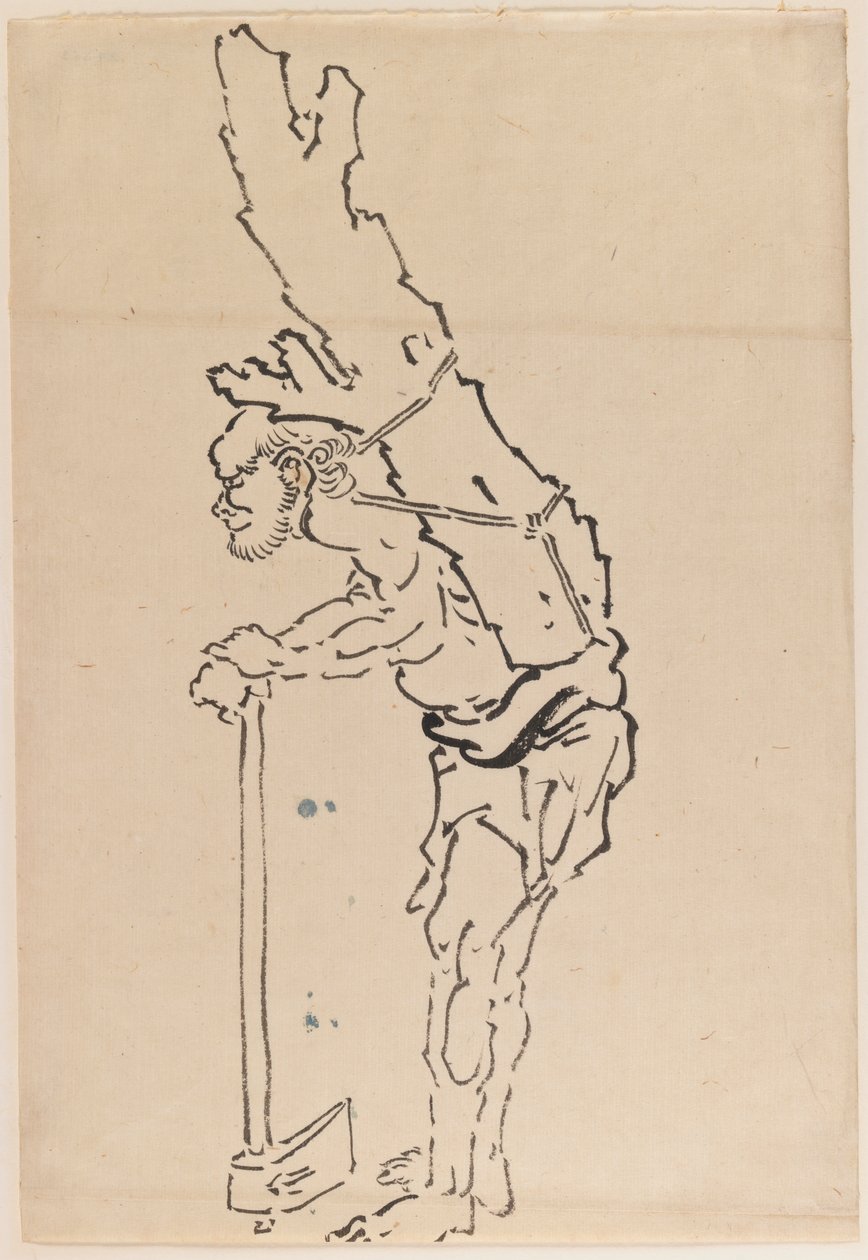 Drawing of a man resting on an axe and carrying part of a tree trunk on his back by Katsushika Hokusai