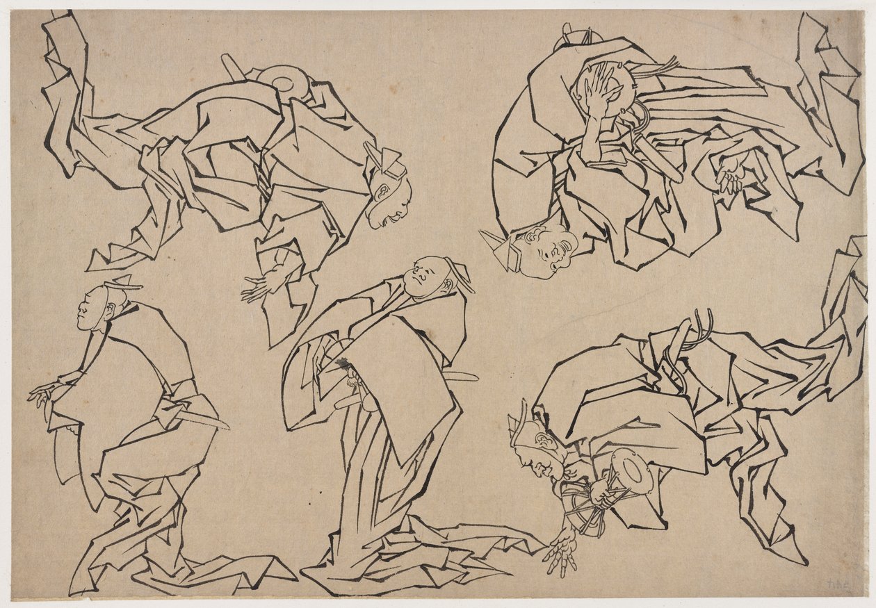 Five Musicians Playing Drums by Katsushika Hokusai