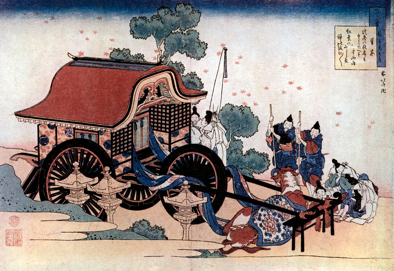 Pulling a three-wheeled carriage, Japanese woodcut, c1780-1849 by Katsushika Hokusai