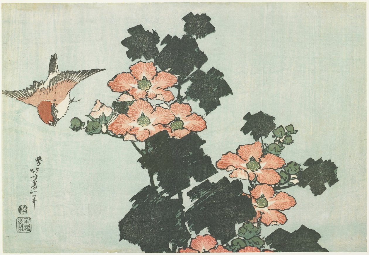 Rose Mallow and Sparrow by Katsushika Hokusai