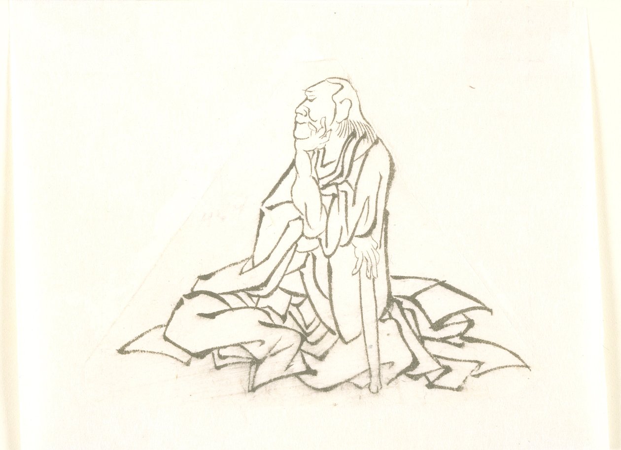 Seated Old Man Leaning on Stick by Katsushika Hokusai