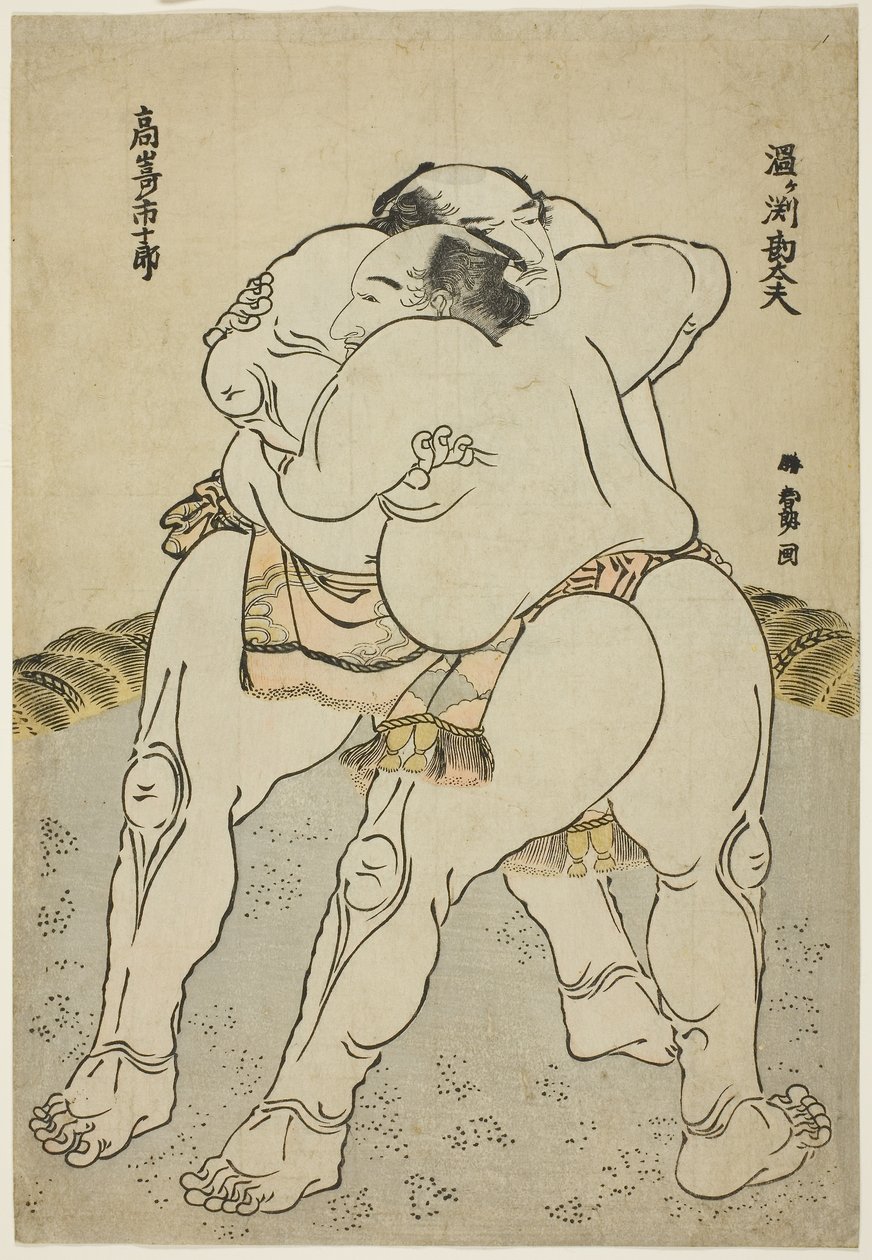 The Sumo Wrestlers Uzugafuchi Kandayu and Takasaki Ichijuro by Katsushika Hokusai