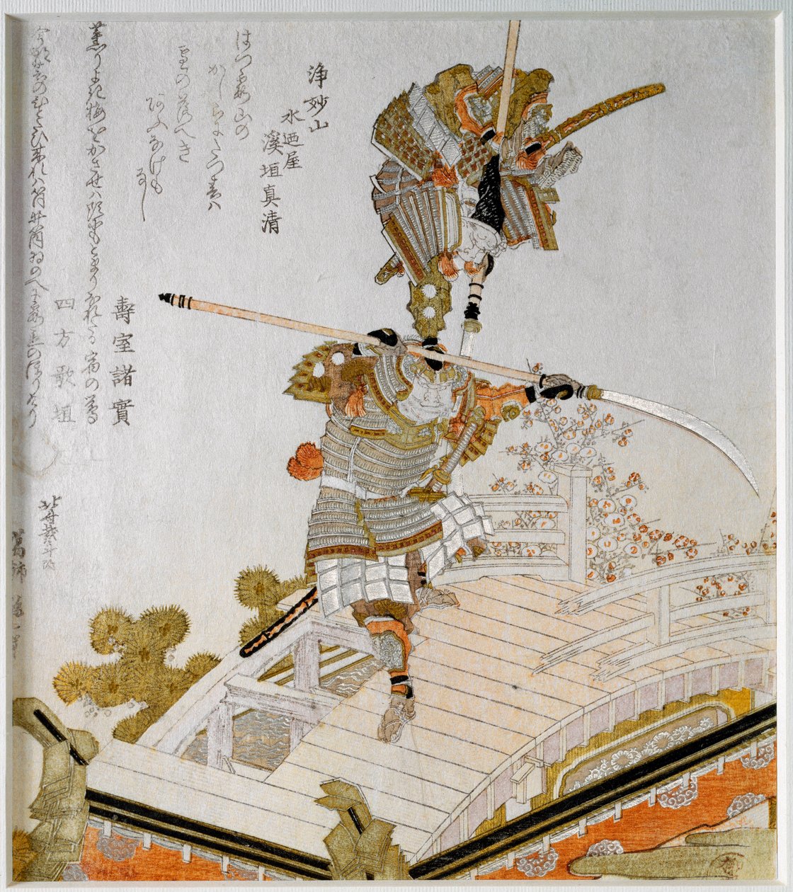 The legendary battle of Samurai Minamoto no Yoshitsune against Saito Musashibo Benkei, Buddhist monk of the 12th century on the bridge of Gojo in Kyoto. Japanese print 