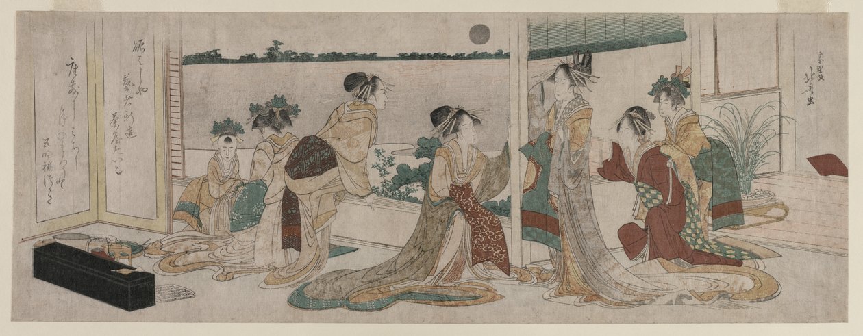 Tsukasa and Other Courtesans of the Ogiya Watching the Autumn Moon Rise by Katsushika Hokusai