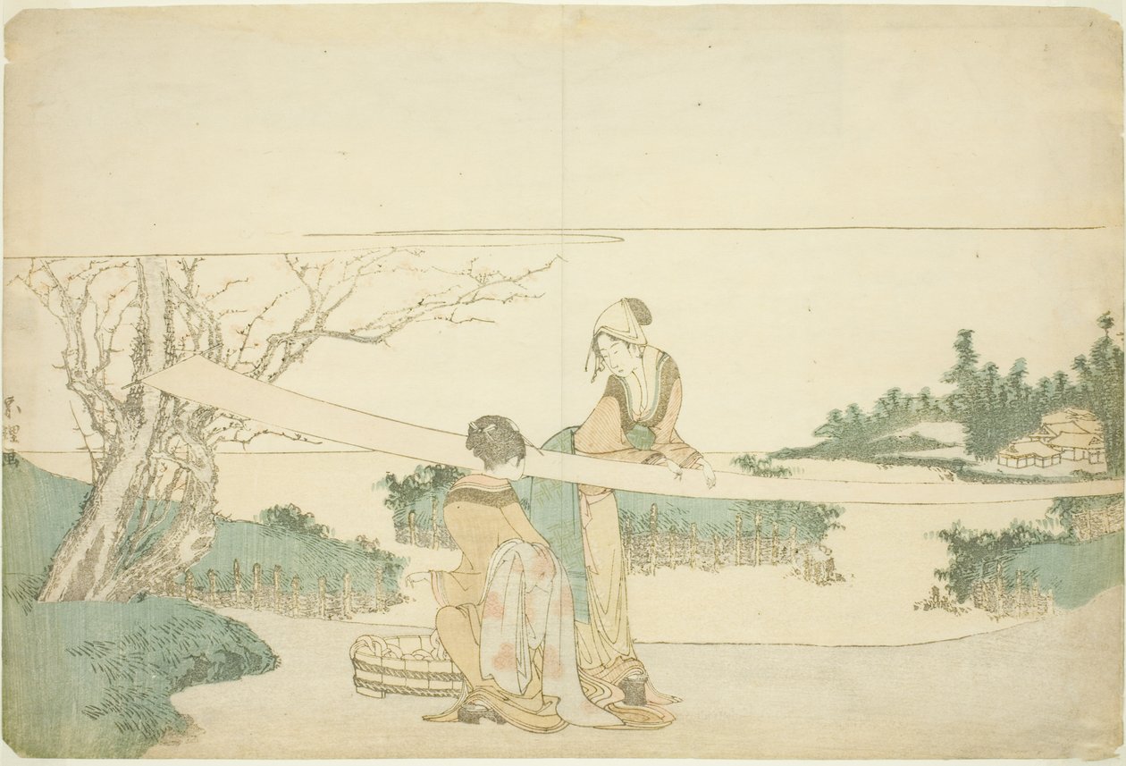 Two women stretching cloth by Katsushika Hokusai