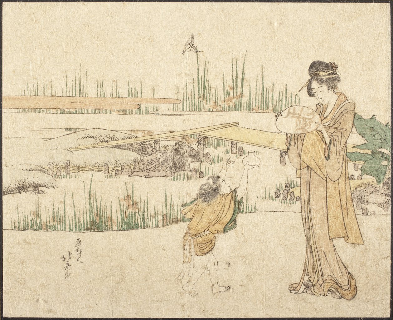 Woman and Child in a Garden; Fragment of Goldfish Vendor by Katsushika Hokusai