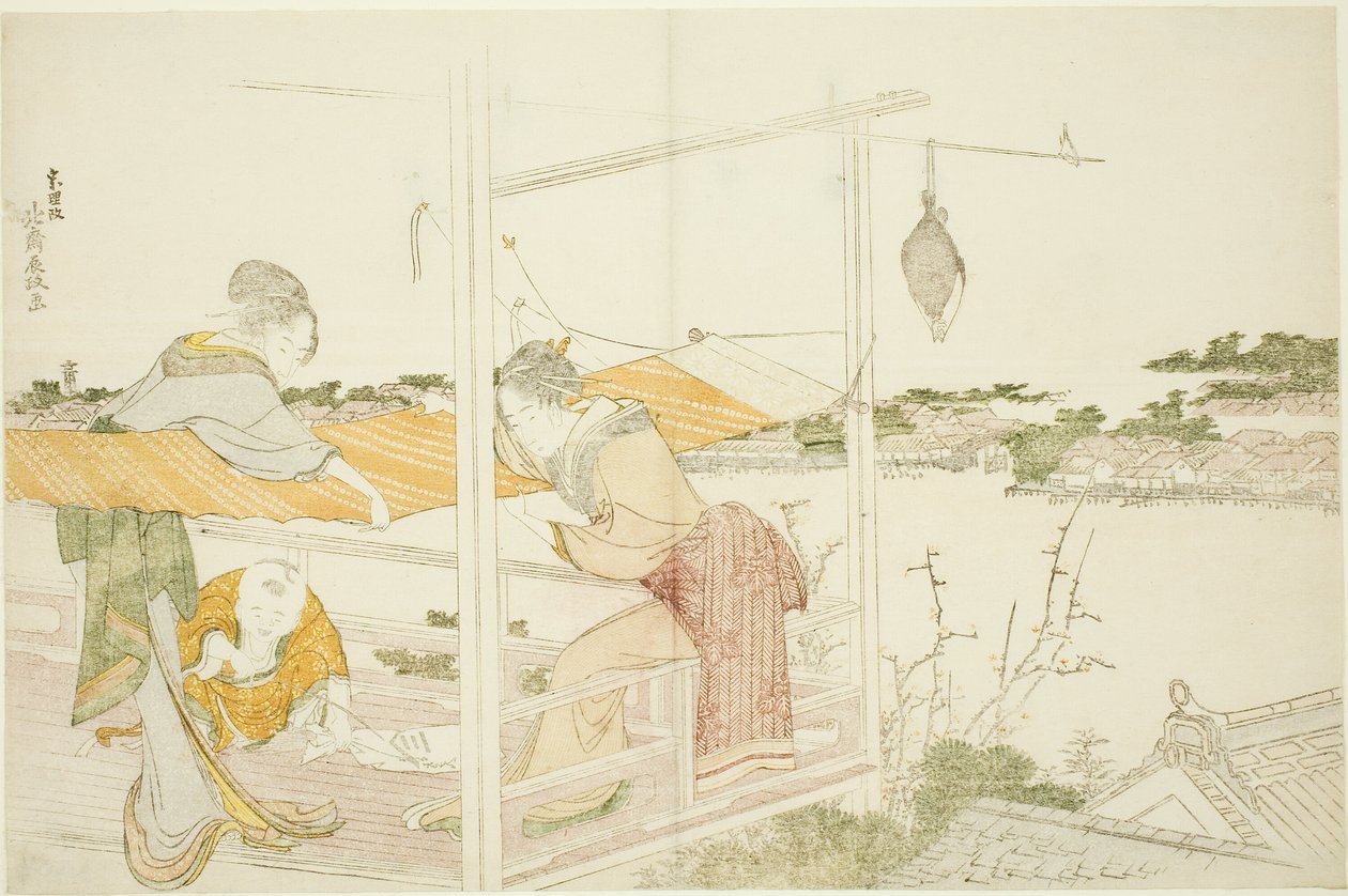Women on a Veranda Stretching Cloth to Dry by Katsushika Hokusai