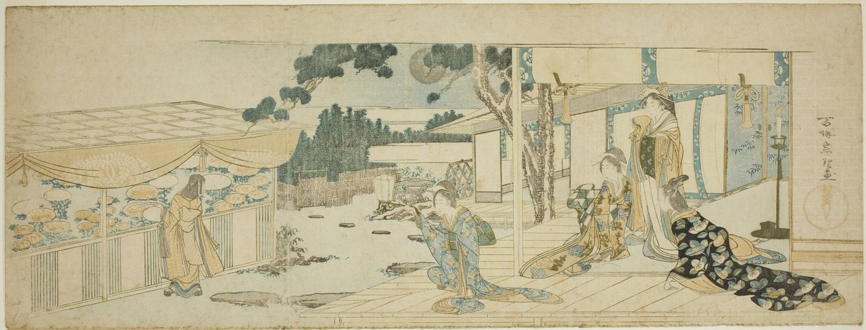 Women on the Veranda Looking at a Girl Picking Flower by Katsushika Hokusai