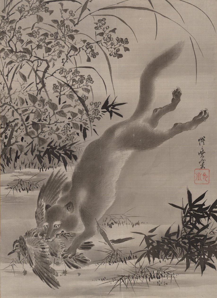 Fox Catching Bird, ca. 1887 by Kawanabe Kyosai