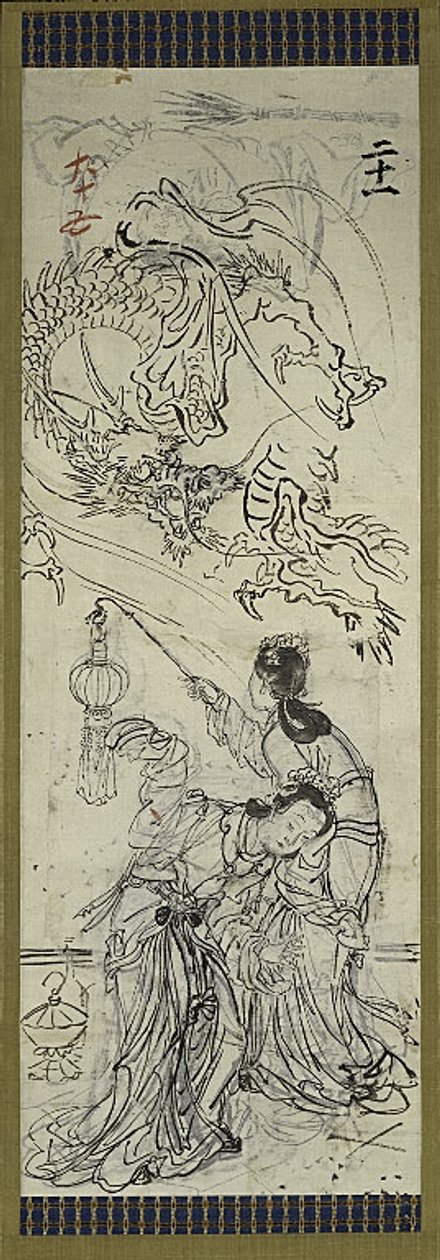 Two Chinese Women with Dragon, One of Six Sketches by Kawanabe Kyosai