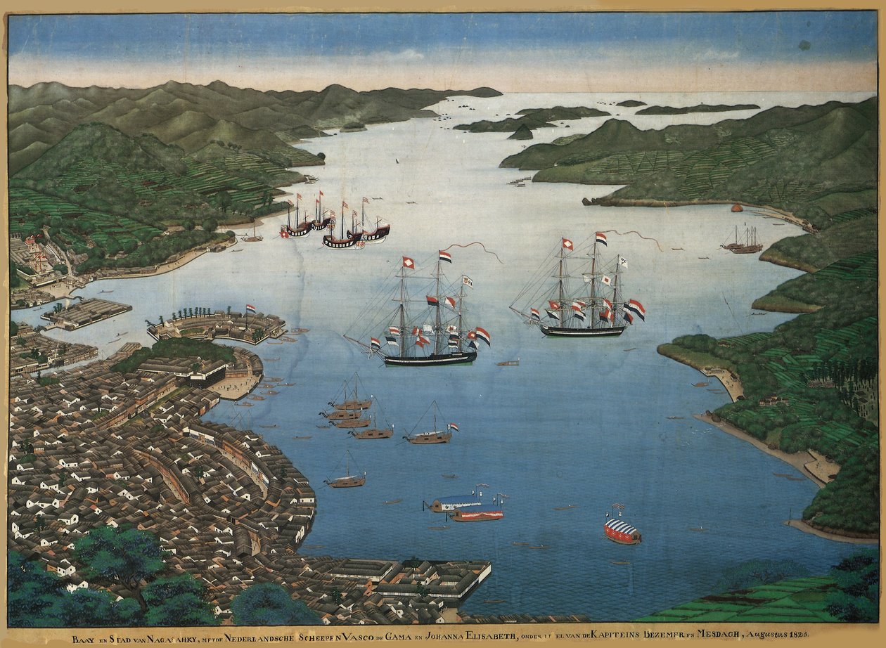 The Island of Deshima in the Bay of Nagasaki with the Ships Vasco da Gama and Johanna by Keiga Kawahara