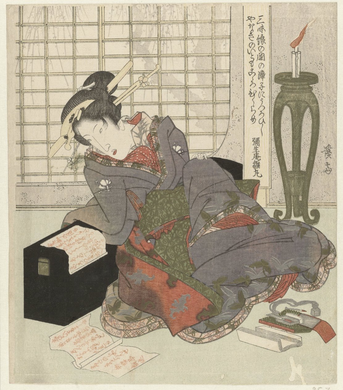 A Geisha Leaning on Her Shamisen Box by Keisai Eisen